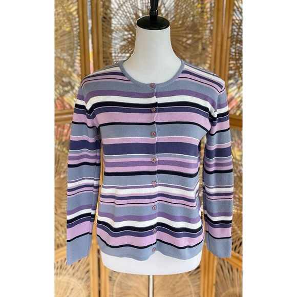 Vintage Rafael Sport Purple Striped Button Front Long Sleeve Cardigan - Picture 2 of 5